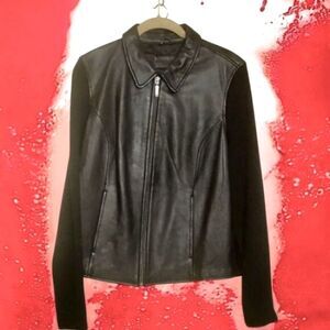 JACLYN SMITH CLASSIC Black LEATHER/Ribbed Sweater/JACKET Zip-up Long sleeve   M